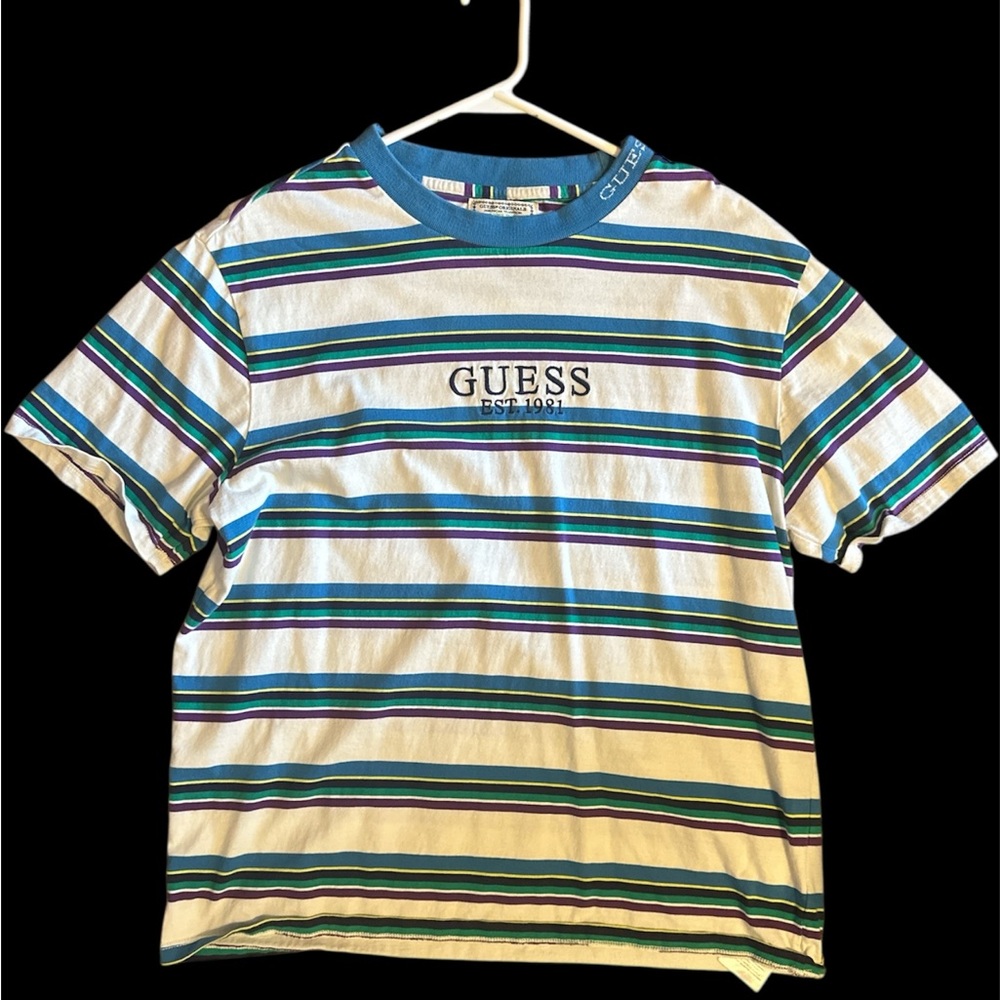 Guess White Tee with Cool Tone Stripes, Size: Medium